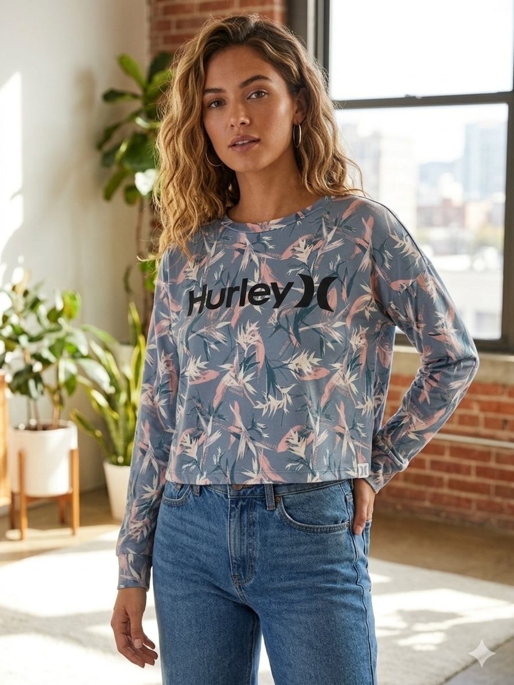 Cozy Hurley Floral-Print Lg Sleeve Sweatshirt Blue & Pink Cute Boho  (WS 6)